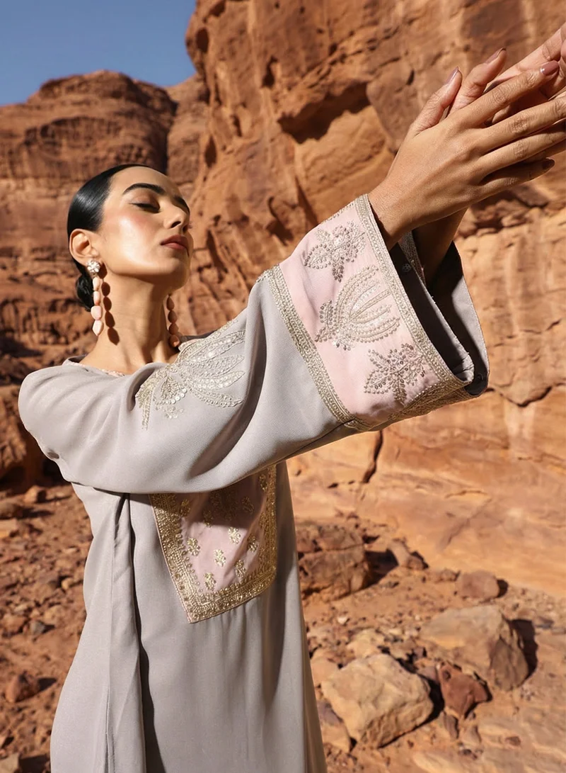 ISHIN Grey Zari Embroidered Colourblock Abaya